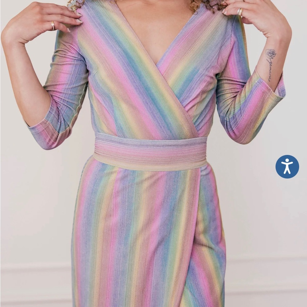 JessaKae Luminaria Dress Midi Pastel Rainbow 3/4 Sleeve Stripe Size Small